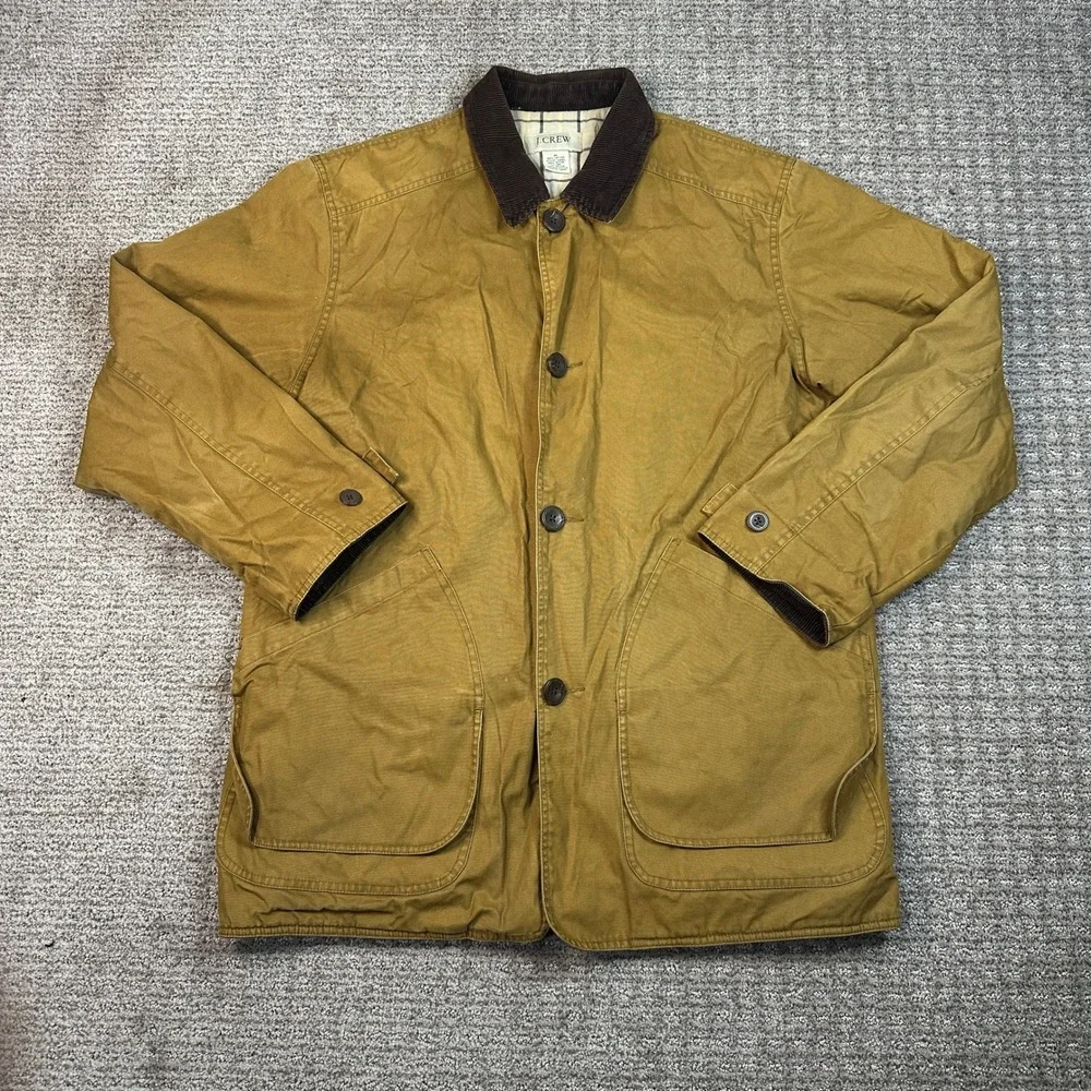 JCrew Mens Barn Jacket Mustard Tan Cotton Canvas Corduroy Collar Plaid Lined M